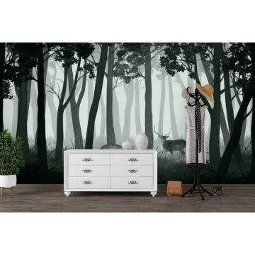 Обои виниловые на флизелине Design Studio 3D (Дизайн Студио 3Д) Vintage Олени в темном лесу на зеленом Бесшовная Фреска Ultra (VG-016)