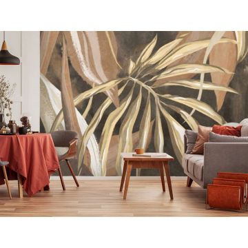 Обои виниловые на флизелине Design Studio 3D (Дизайн Студио 3Д) Avangard Композиция из тропических листьев в бежевых тонах Бесшовная Фреска Ultra (AVG-014)