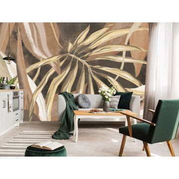 Обои виниловые на флизелине Design Studio 3D (Дизайн Студио 3Д) Avangard Композиция из тропических листьев в бежевых тонах Бесшовная Фреска Ultra (AVG-014)