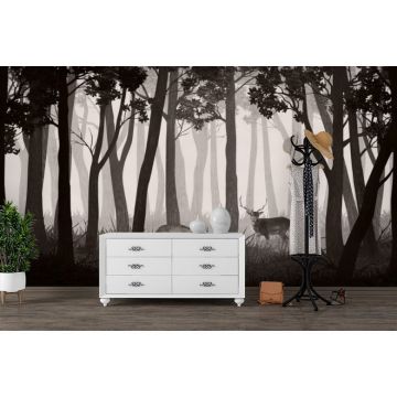 Обои виниловые на флизелине Design Studio 3D (Дизайн Студио 3Д) Vintage Олени в темном лесу на бежевом Бесшовная Фреска Ultra (VG-017)