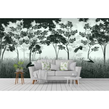 Обои виниловые на флизелине Design Studio 3D (Дизайн Студио 3Д) Vintage Аисты на поляне в зеленом Канвас (VG-018)