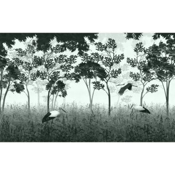 Обои виниловые на флизелине Design Studio 3D (Дизайн Студио 3Д) Vintage Аисты на поляне в зеленом Бесшовная Фреска Classic (VG-018)