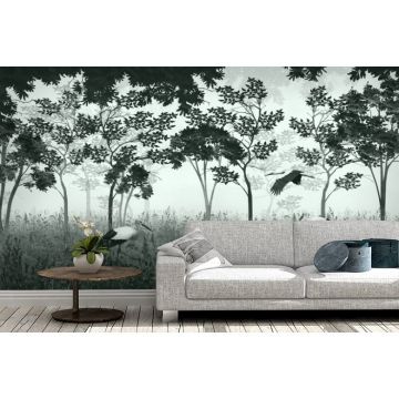 Обои виниловые на флизелине Design Studio 3D (Дизайн Студио 3Д) Vintage Аисты на поляне в зеленом Бесшовная Фреска Classic (VG-018)