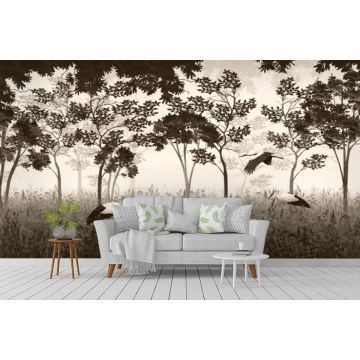 Обои виниловые на флизелине Design Studio 3D (Дизайн Студио 3Д) Vintage Аисты на поляне в бежевом Акварель (VG-019)