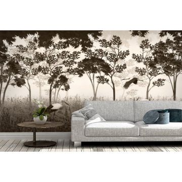 Обои виниловые на флизелине Design Studio 3D (Дизайн Студио 3Д) Vintage Аисты на поляне в бежевом Бесшовная Фреска Classic (VG-019)