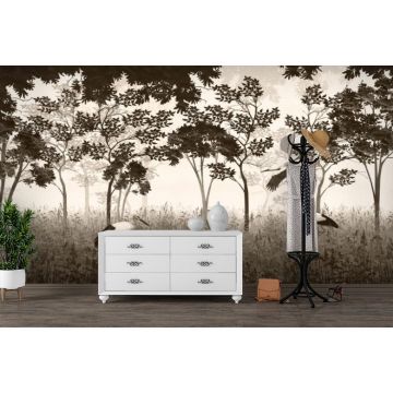 Обои виниловые на флизелине Design Studio 3D (Дизайн Студио 3Д) Vintage Аисты на поляне в бежевом Бесшовная Фреска Classic (VG-019)