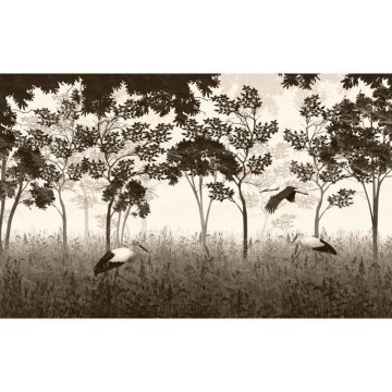 Обои виниловые на флизелине Design Studio 3D (Дизайн Студио 3Д) Vintage Аисты на поляне в бежевом Бесшовная Фреска Ultra (VG-019)