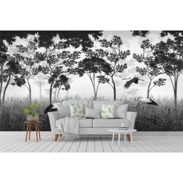 Обои виниловые на флизелине Design Studio 3D (Дизайн Студио 3Д) Vintage Аисты на поляне в сером Канвас (VG-020)