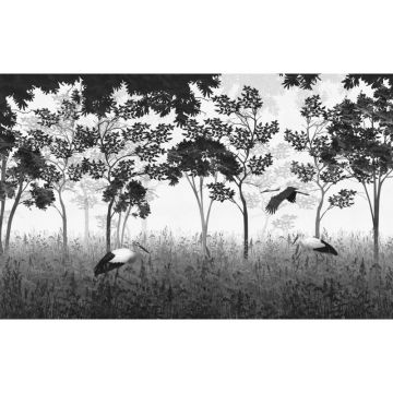 Обои виниловые на флизелине Design Studio 3D (Дизайн Студио 3Д) Vintage Аисты на поляне в сером Бесшовная Фреска Гранд (VG-020)