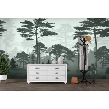 Обои виниловые на флизелине Design Studio 3D (Дизайн Студио 3Д) Vintage Медведи в сосновом лесу в зеленом Бесшовная Фреска Гранд (VG-021)