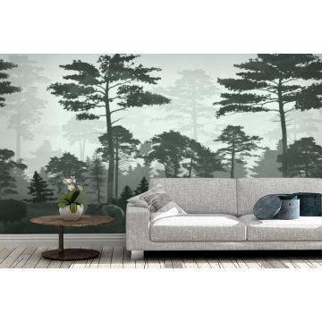 Обои виниловые на флизелине Design Studio 3D (Дизайн Студио 3Д) Vintage Медведи в сосновом лесу в зеленом Бесшовная Фреска Classic (VG-021)