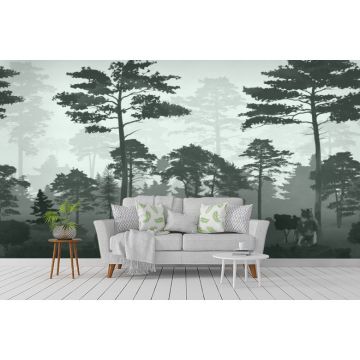 Обои виниловые на флизелине Design Studio 3D (Дизайн Студио 3Д) Vintage Медведи в сосновом лесу в зеленом Бесшовная Фреска Ultra (VG-021)