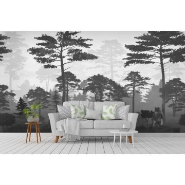 Обои виниловые на флизелине Design Studio 3D (Дизайн Студио 3Д) Vintage Медведи в сосновом лесу в сером Канвас (VG-023)