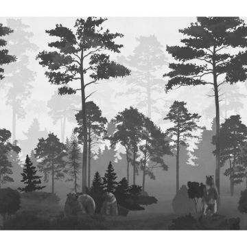 Обои виниловые на флизелине Design Studio 3D (Дизайн Студио 3Д) Vintage Медведи в сосновом лесу в сером Бесшовная Фреска Гранд (VG-023)