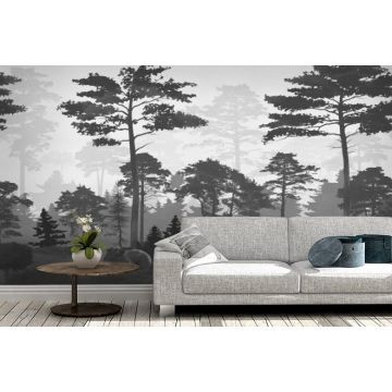 Обои виниловые на флизелине Design Studio 3D (Дизайн Студио 3Д) Vintage Медведи в сосновом лесу в сером Бесшовная Фреска Ultra (VG-023)