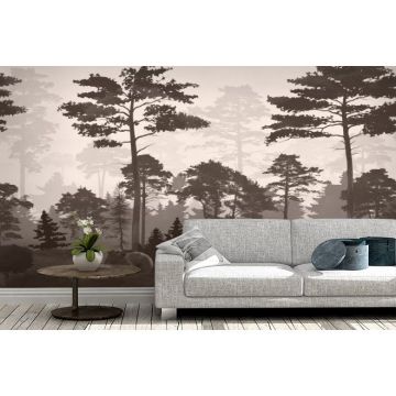 Обои виниловые на флизелине Design Studio 3D (Дизайн Студио 3Д) Vintage Медведи в сосновом лесу в бежевом Бесшовная Фреска Гранд (VG-022)