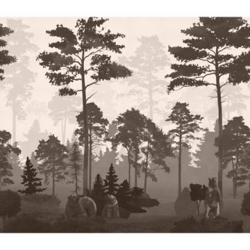 Обои виниловые на флизелине Design Studio 3D (Дизайн Студио 3Д) Vintage Медведи в сосновом лесу в бежевом Бесшовная Фреска Classic (VG-022)