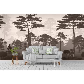 Обои виниловые на флизелине Design Studio 3D (Дизайн Студио 3Д) Vintage Медведи в сосновом лесу в бежевом Бесшовная Фреска Ultra (VG-022)