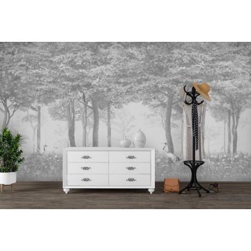 Обои виниловые на флизелине Design Studio 3D (Дизайн Студио 3Д) Vintage Журавли в густом лесу на сером Песок (VG-024)