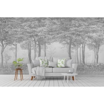 Обои виниловые на флизелине Design Studio 3D (Дизайн Студио 3Д) Vintage Журавли в густом лесу на сером Бесшовная Фреска Classic (VG-024)