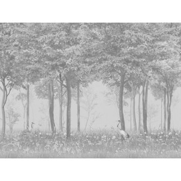 Обои виниловые на флизелине Design Studio 3D (Дизайн Студио 3Д) Vintage Журавли в густом лесу на сером Бесшовная Фреска Ultra (VG-024)