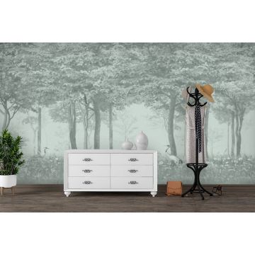 Обои виниловые на флизелине Design Studio 3D (Дизайн Студио 3Д) Vintage Журавли в густом лесу на зеленом Бесшовная Фреска Гранд (VG-026)