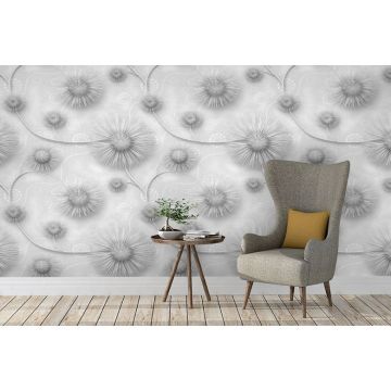 Обои виниловые на флизелине Design Studio 3D (Дизайн Студио 3Д) Volume Объемная вязь с серыми одуванчиками Бесшовная Фреска Classic (VL-003)