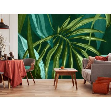 Обои виниловые на флизелине Design Studio 3D (Дизайн Студио 3Д) Avangard Композиция из тропических листьев салатово-бирюзового оттенка Акварель (AVG-016)
