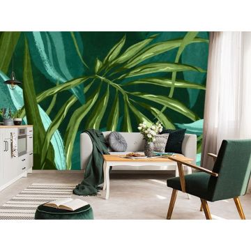 Обои виниловые на флизелине Design Studio 3D (Дизайн Студио 3Д) Avangard Композиция из тропических листьев салатово-бирюзового оттенка Бесшовная Фреска Classic (AVG-016)