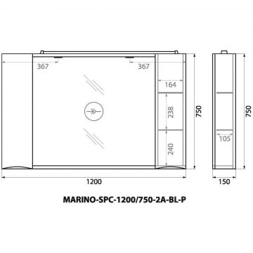 Шкаф зеркальный подвесной BelBagno MARINO с двумя распашными дверцами с доводчиками LED 2x4W Bianco Lucido 1200х150х750 MARINO-SPC-1200/750-2A-BL-P
