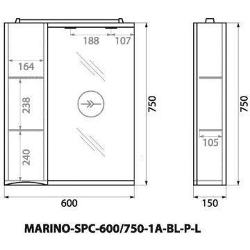 Шкаф зеркальный подвесной BelBagno MARINO с одной расп. дверцей с доводчиками LED 2x4 W левост. Bianco Lucido 600х150х750 MARINO-SPC-600/750-1A-BL-P-L