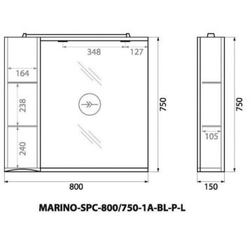 Шкаф зеркальный подвесной BelBagno MARINO с одной расп. дверцей с доводчиками LED 2x4W левост. Bianco Lucido 800х150х750 MARINO-SPC-800/750-1A-BL-P-L