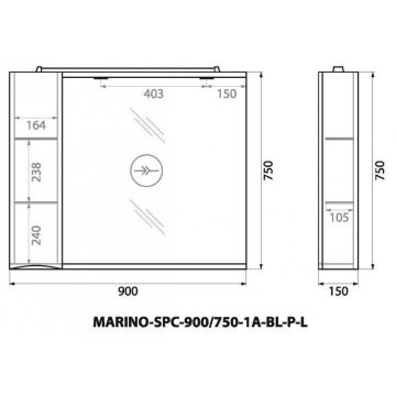 Шкаф зеркальный подвесной BelBagno MARINO с одной расп. дверцей с доводчиками LED 2x4W левосторонний Bianco Lucido 900х150х750 MARINO-SPC-900/750-1A-B