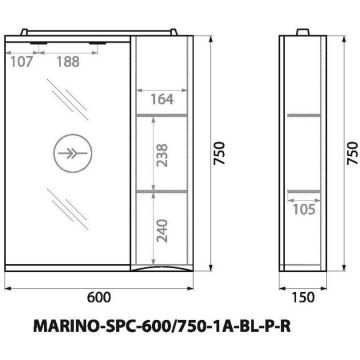 Шкаф зеркальный подвесной BelBagno MARINO с одной расп. дверцей с доводчиками LED 2x4W правост. Bianco Lucido 600х150х750 MARINO-SPC-600/750-1A-BL-P-R