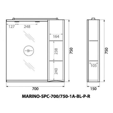Шкаф зеркальный подвесной BelBagno MARINO с одной расп. дверцей с доводчиками LED 2x4W правост. Bianco Lucido 700х150х750 MARINO-SPC-700/750-1A-BL-P-R
