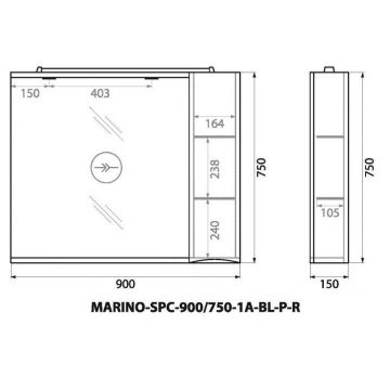 Шкаф зеркальный подвесной BelBagno MARINO с одной расп. дверцей с доводчиками LED 2x4W правосторонний Bianco Lucido 900х150х750 MARINO-SPC-900/750-1A-BL-P-R