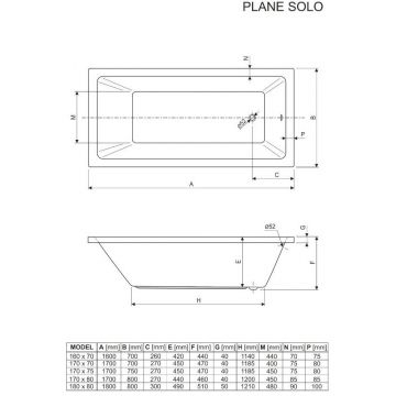 Акриловая ванна Cezares PLANE SOLO-170-75-45-W37