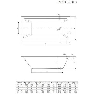 Акриловая ванна Cezares PLANE SOLO-170-80-49-W37