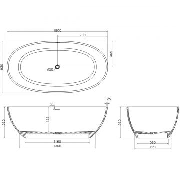 Ванна из искусственного камня овальная Azario (Азарио) Charters 1800х930 мм белый CHA18093S, (с донным клапаном и монтажным комплектом)