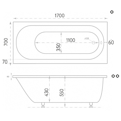 Ванна из литьевого мрамора прямоугольная Marmo Bagno (Мармо Багно) Лучия 1700х700 мм белая (MB-L170-70), (с монтажным комплектом/ножками)