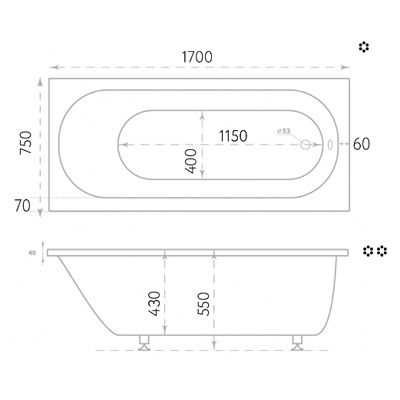 Ванна из литьевого мрамора прямоугольная Marmo Bagno (Мармо Багно) Лучия 1700х750 мм белая (MB-L170-75), (с монтажным комплектом/ножками)