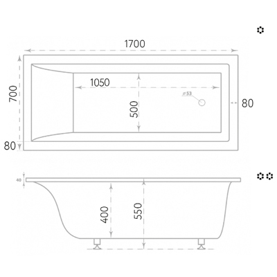Ванна из литьевого мрамора прямоугольная Marmo Bagno (Мармо Багно) Ницца 1700х700 мм белая (MB-N170-70), (с монтажным комплектом/ножками)