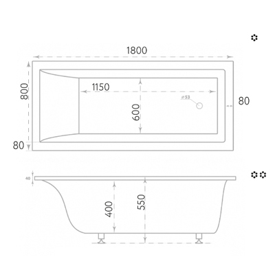 Ванна из литьевого мрамора прямоугольная Marmo Bagno (Мармо Багно) Ницца 1800х800 мм белая (MB-N180-80), (с монтажным комплектом/ножками)