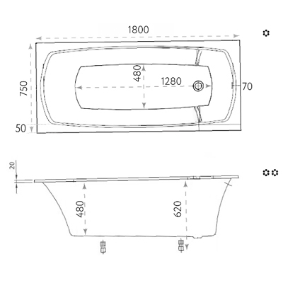 Ванна из литьевого мрамора прямоугольная Marmo Bagno (Мармо Багно) Элза 1800х750 мм белая (MB-Э180-75), (с монтажным комплектом/ножками)