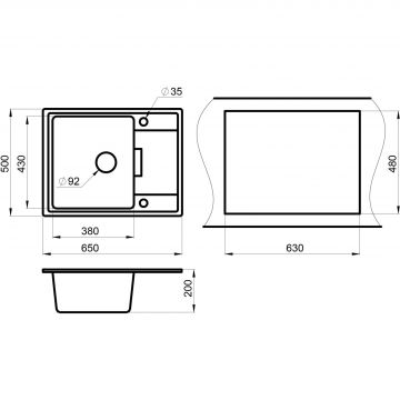 Кухонная мойка кварцевая Granula GR-6503 прямоугольная с крылом, врезная, чаша 380х430, цвет шварц (6503sv)