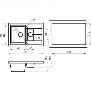 Кухонная мойка кварцевая Granula GR-7802 двухчашевая с крылом, врезная, чаша 350x425, 170x280, цвет графит (7802bg)