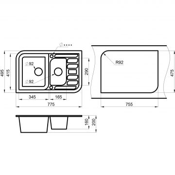 Кухонная мойка кварцевая Granula GR-7803 двухчашевая с крылом, врезная, чаша 345x415, 170x280, цвет алюминиум (7803al)