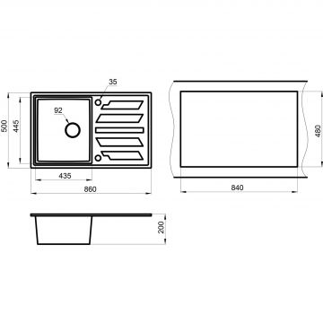 Кухонная мойка кварцевая Granula GR-8601 прямоугольная с крылом, врезная, чаша 435х445, цвет базальт (8601bt)