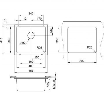 Кухонная мойка кварцевая Granula GR-3601 квадратная подстольная односекционная, подстольная, чаша 400x360, цвет шварц (3601sv)
