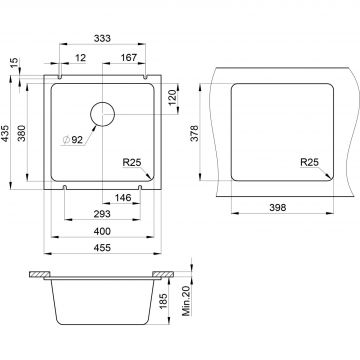 Кухонная мойка кварцевая Granula GR-3801 квадратная подстольная односекционная, подстольная, чаша 400x380, цвет шварц (3801sv)